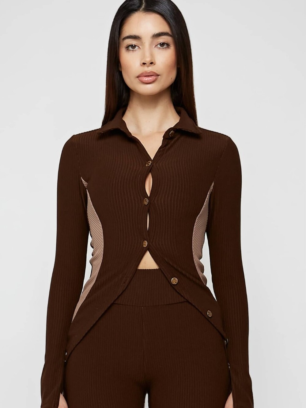 Manière De Voir Brown Ribbed Button-Front Long Sleeve Top with Tan Panels